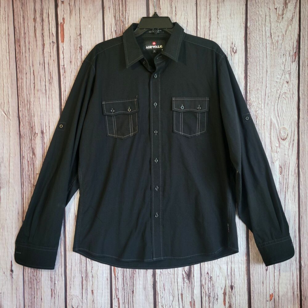 Vintage Y2K Airwalk Skater Roll-Tab Sleeves Black Skater Shirt Goth XL Mens Work